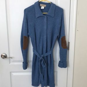 Cozy sweater coat with suede elbows.